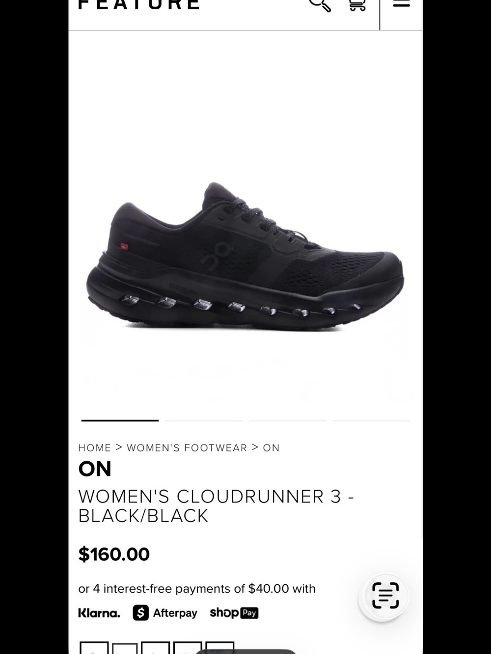 ON Women's Cloudrunner 3 Running Shoe - Black sz 8.5 new in box